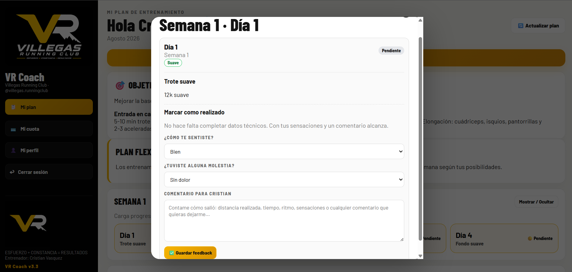 Feedback de sensaciones y molestias al entrenador