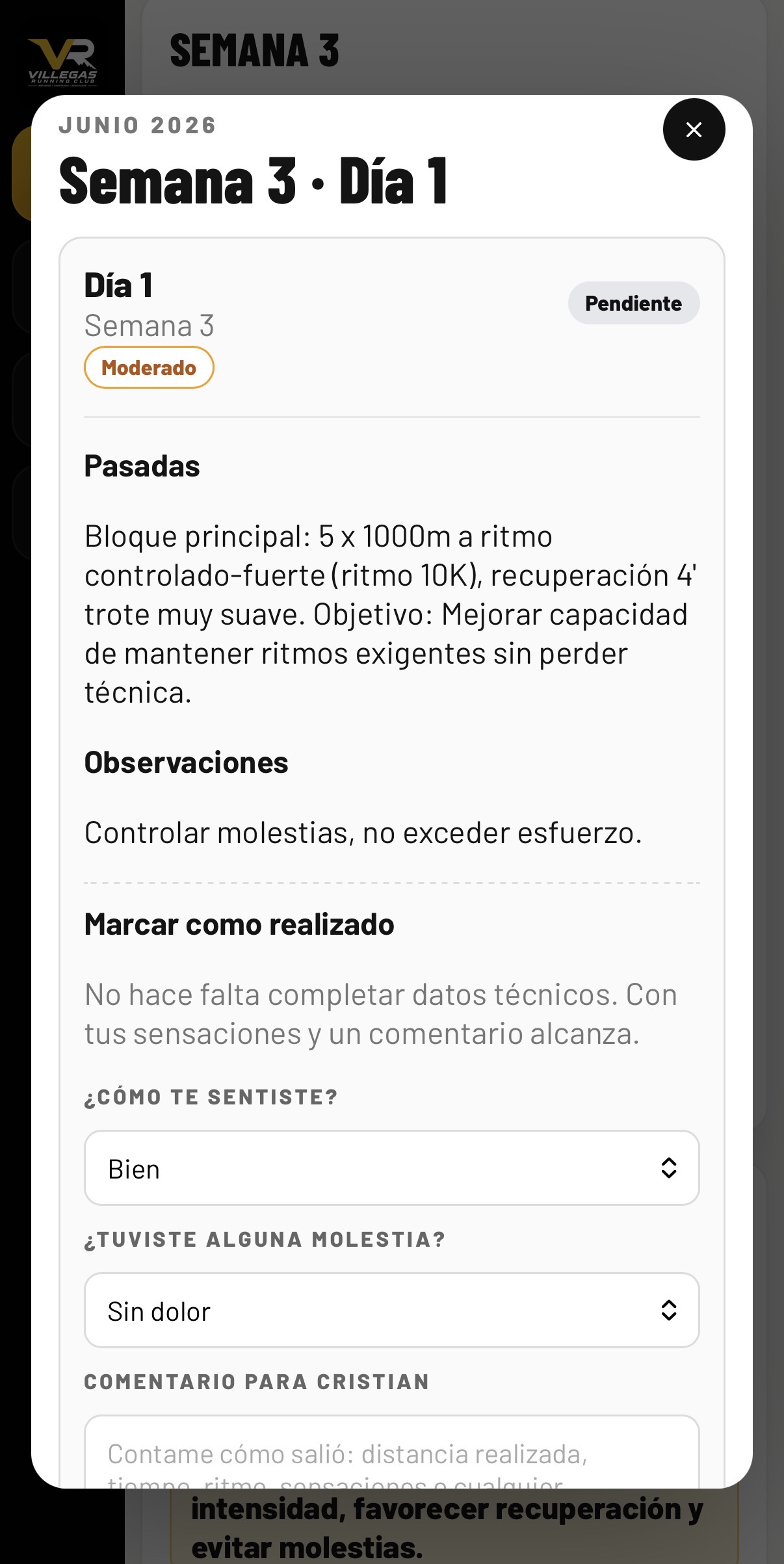 Detalle y feedback del entrenamiento