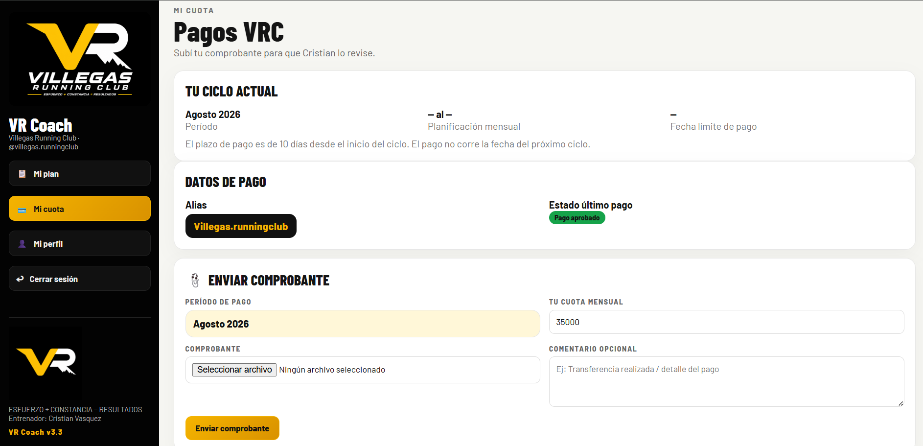 Sección de pagos y comprobantes de VR Coach