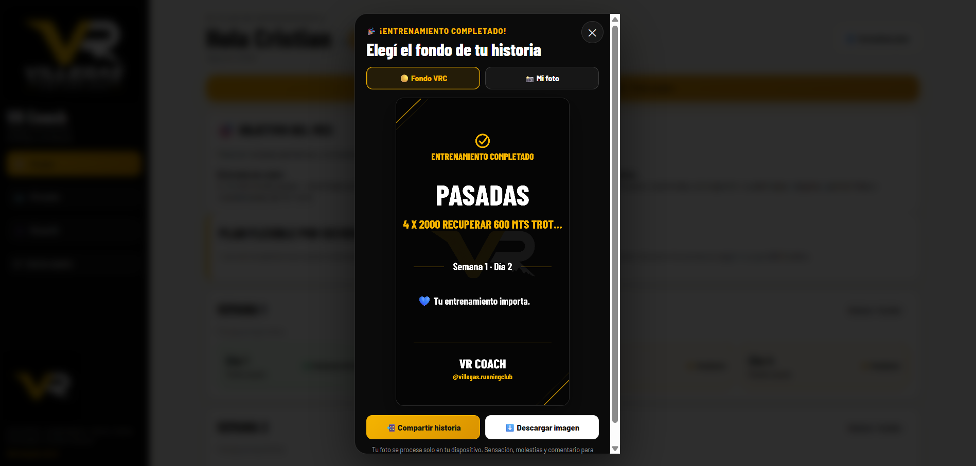 Historia de Instagram generada al completar un entrenamiento